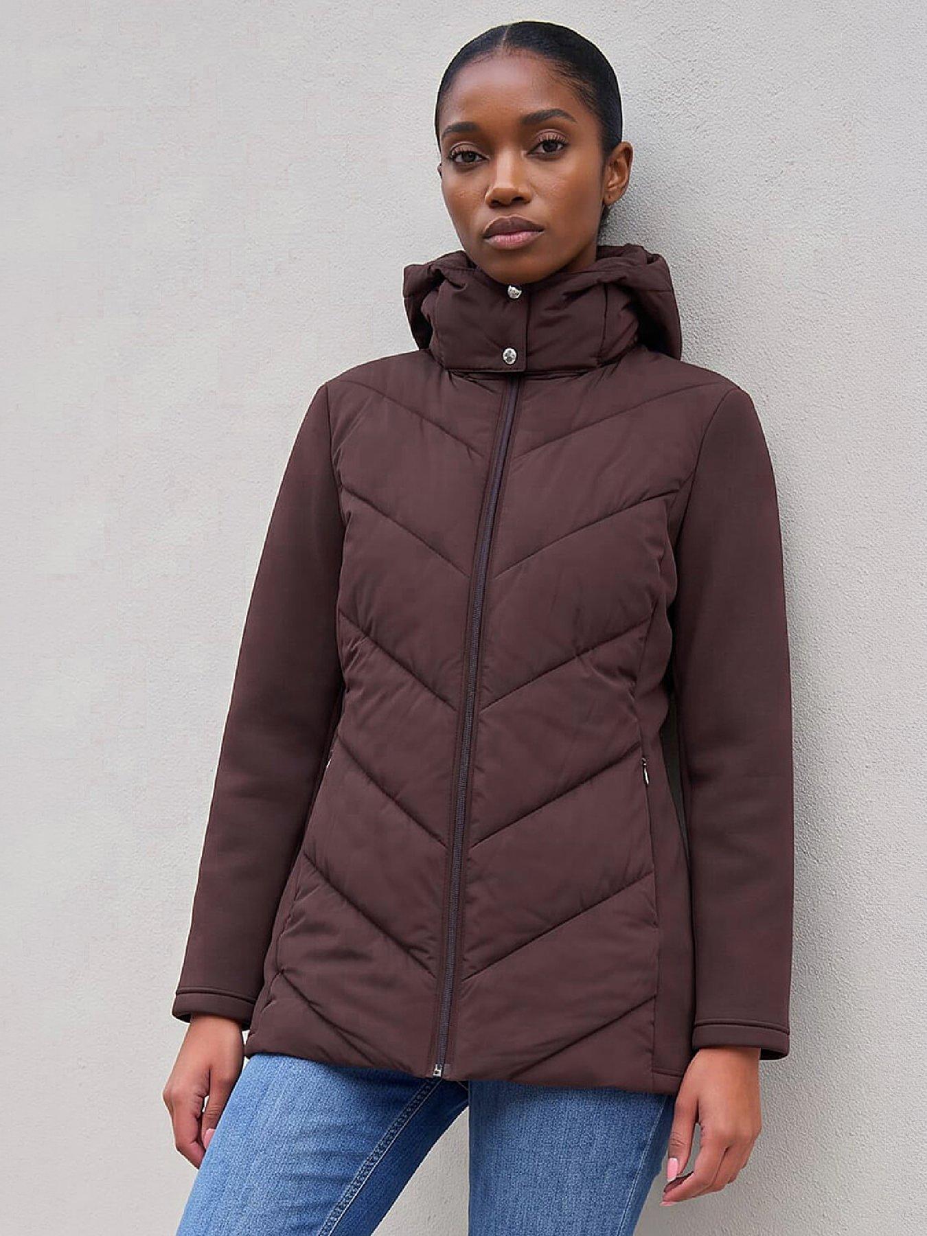 Image 3 of 4 of Roman Womens Petite Chevron Quilted Hooded Padded Coat - Brown