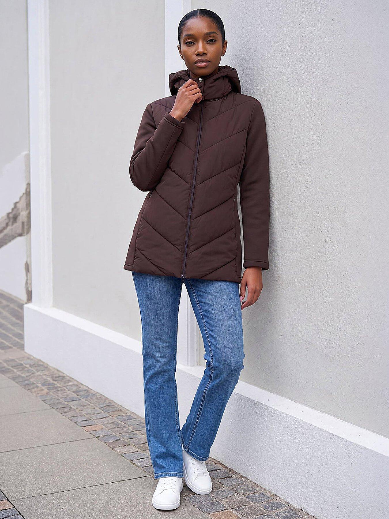 Image 4 of 4 of Roman Womens Petite Chevron Quilted Hooded Padded Coat - Brown