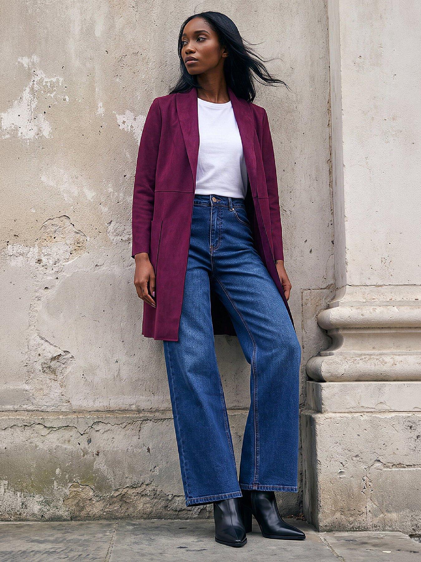 Image 1 of 4 of Roman Womens Petite Faux Suede Pocket Jacket - Wine