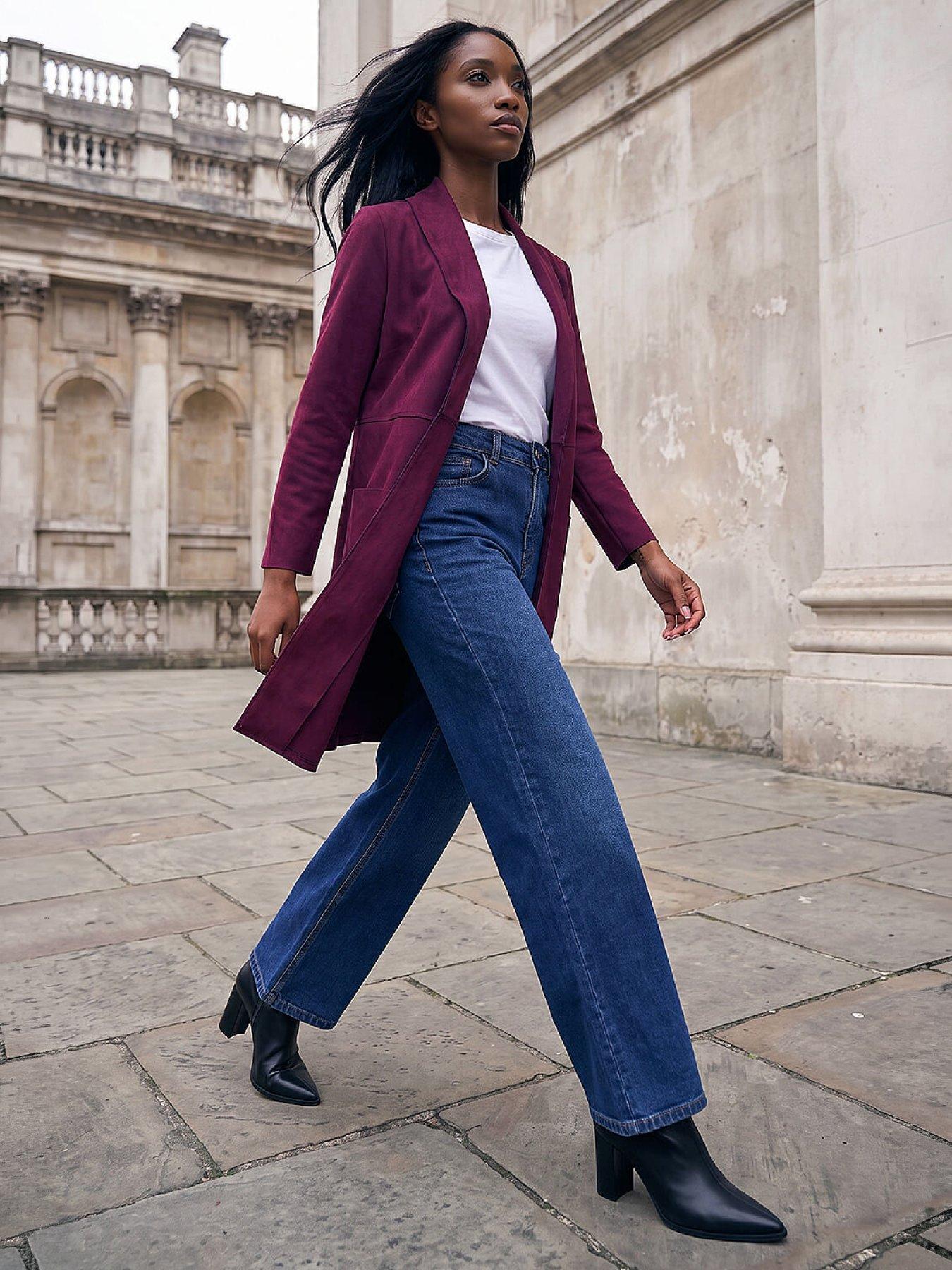 Image 4 of 4 of Roman Womens Petite Faux Suede Pocket Jacket - Wine