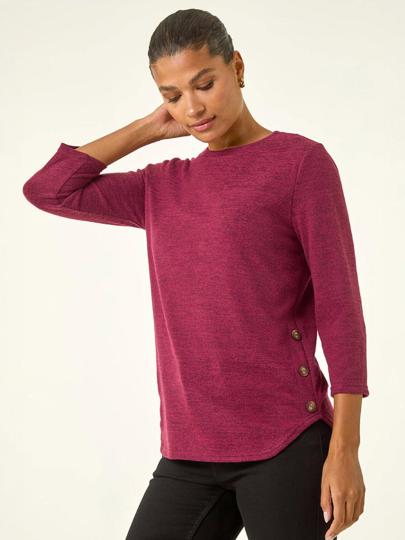 Image 1 of 4 of Roman Womens Curved Hem Stretch 3/4 Sleeve Blouse - Purple