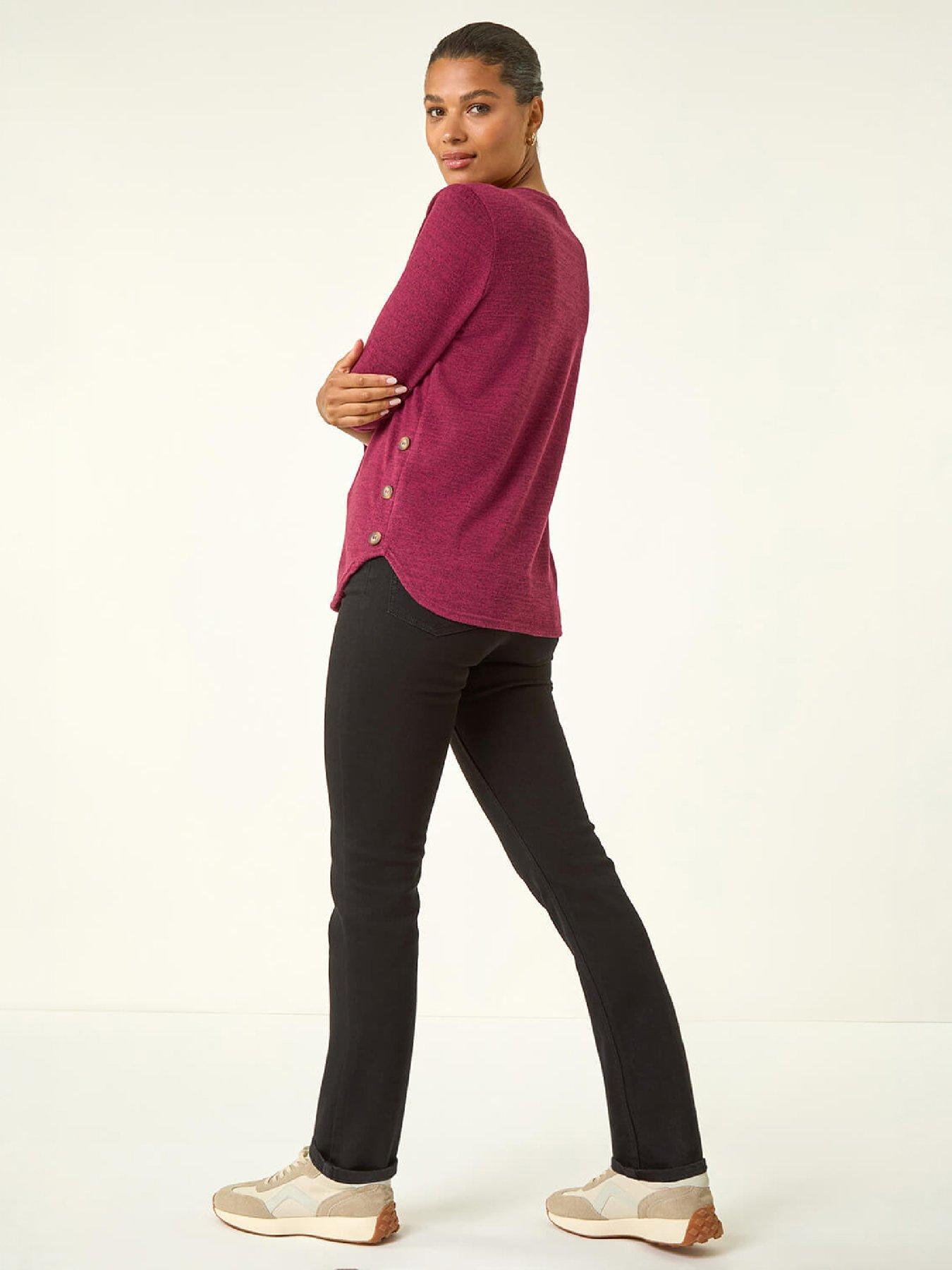 Image 3 of 4 of Roman Womens Curved Hem Stretch 3/4 Sleeve Blouse - Purple