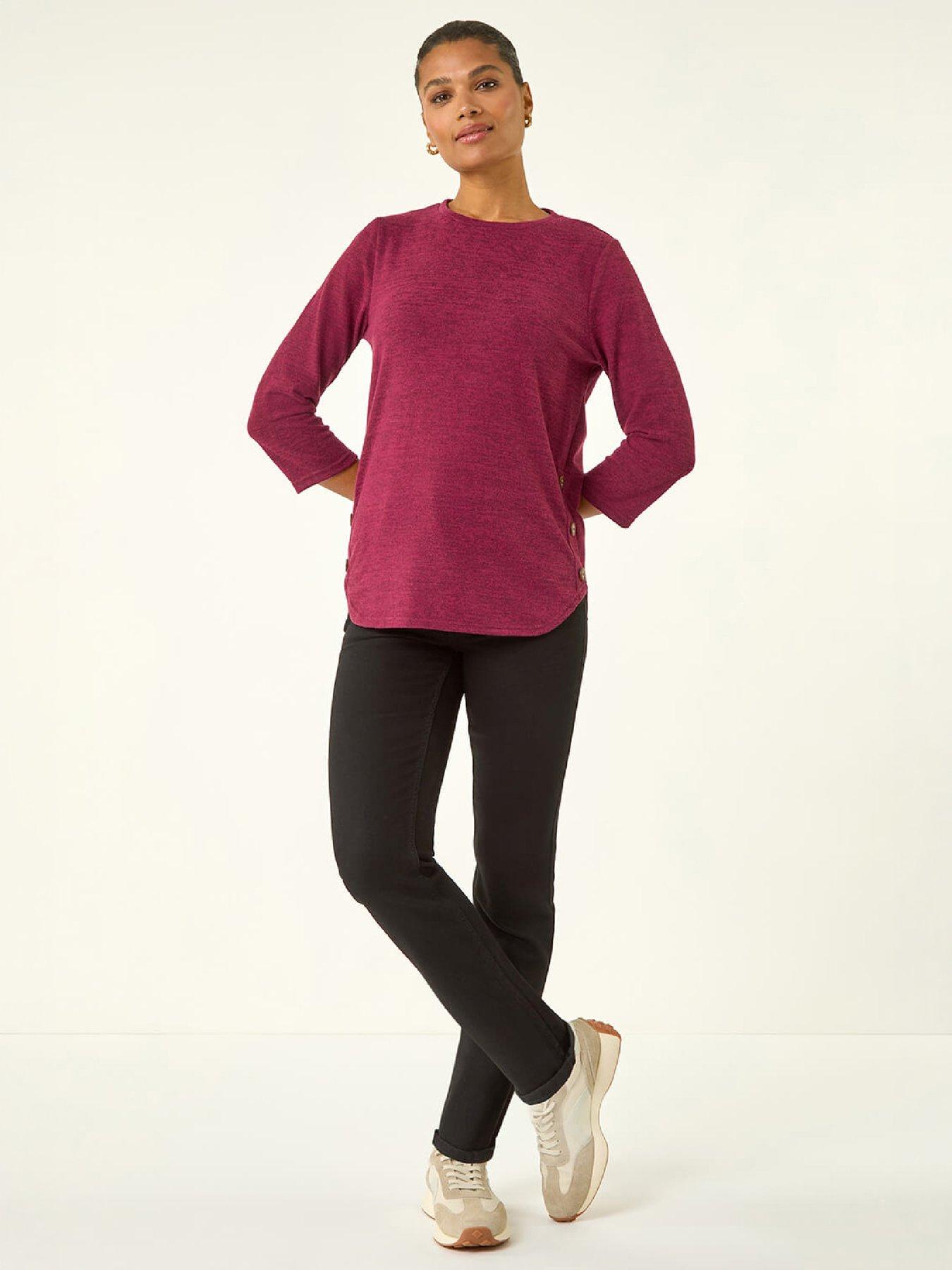 Image 4 of 4 of Roman Womens Curved Hem Stretch 3/4 Sleeve Blouse - Purple