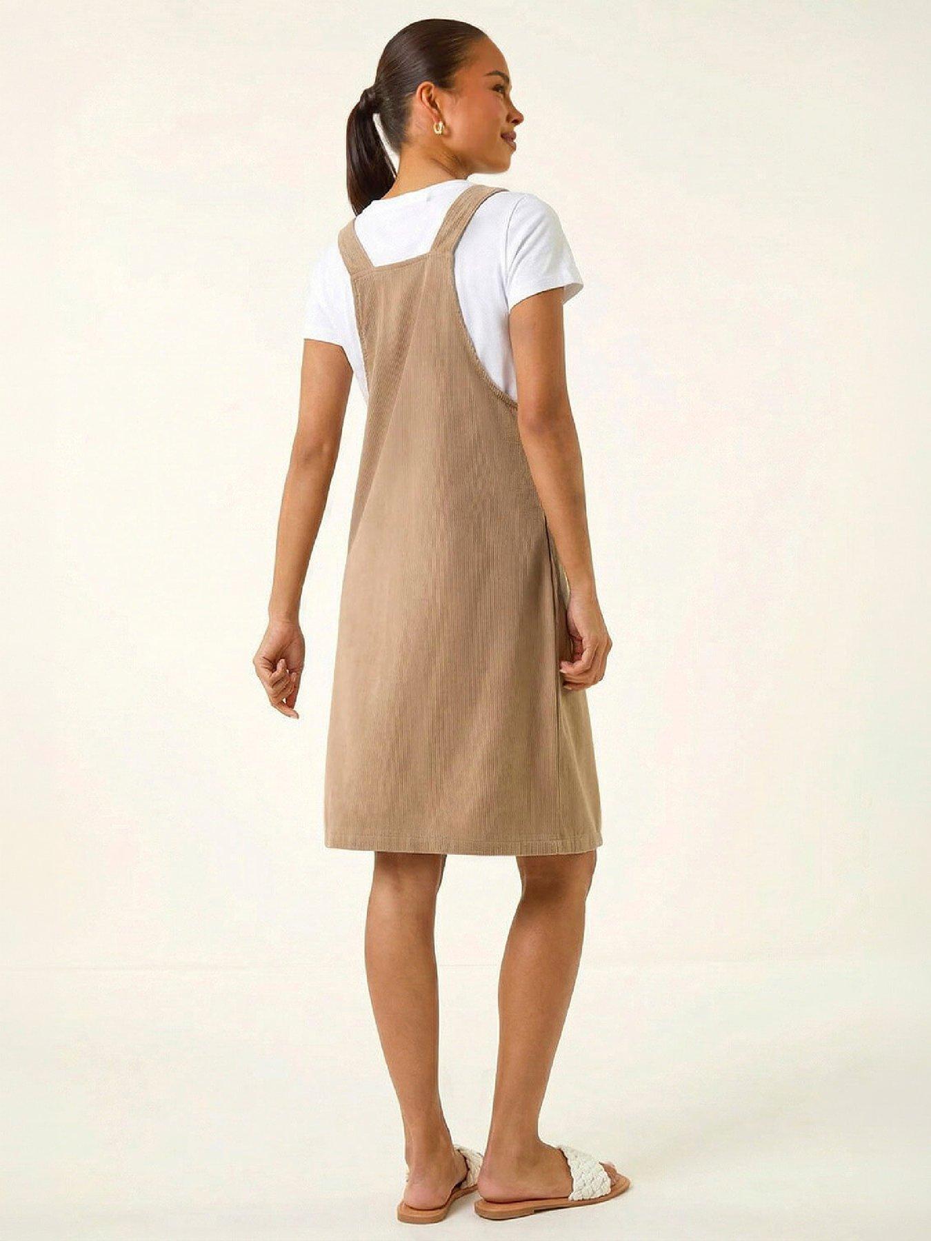 Image 2 of 4 of Roman Womens Petite Corduroy Square Neck Button-Through Pinafore Dress - Tan