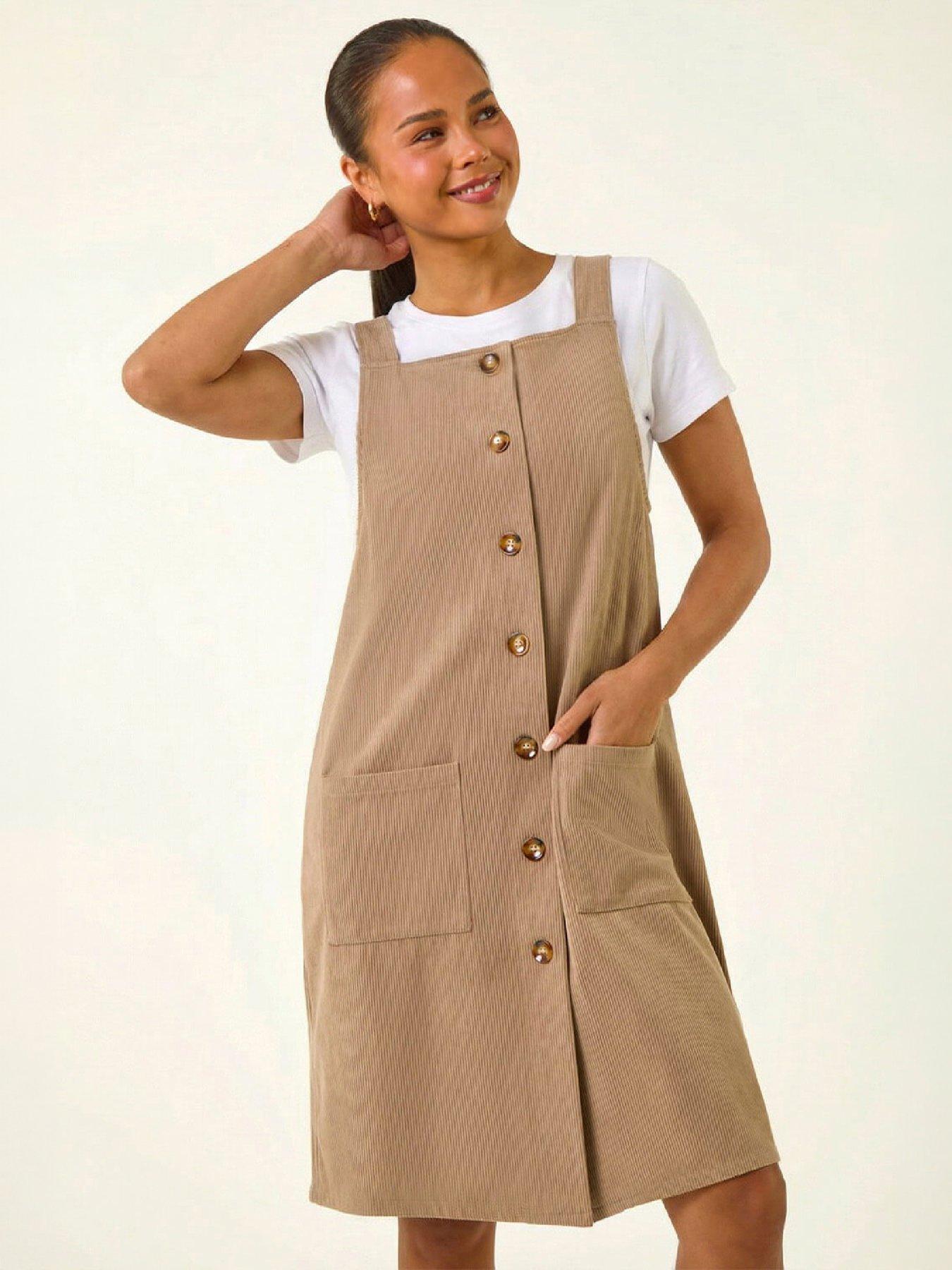 Image 3 of 4 of Roman Womens Petite Corduroy Square Neck Button-Through Pinafore Dress - Tan