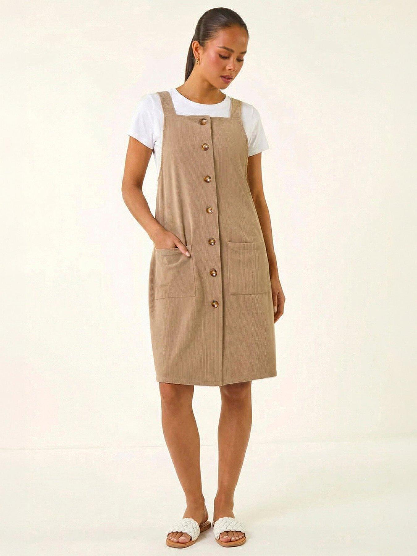 Image 4 of 4 of Roman Womens Petite Corduroy Square Neck Button-Through Pinafore Dress - Tan