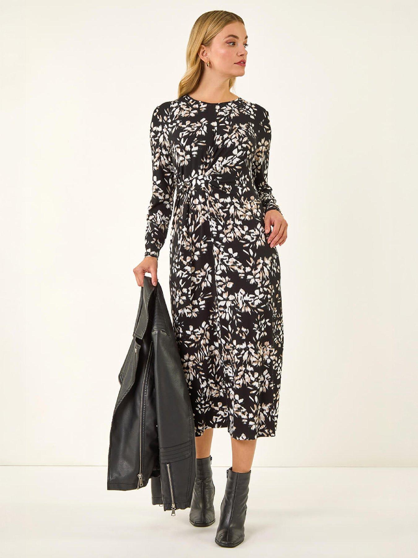 Image 1 of 4 of Roman Womens Floral Ring Buckle Stretch Midi Dress - Black