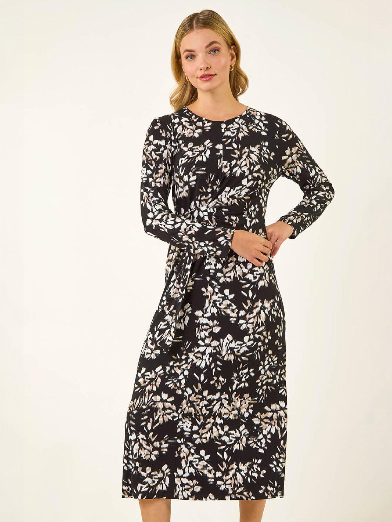 Image 2 of 4 of Roman Womens Floral Ring Buckle Stretch Midi Dress - Black