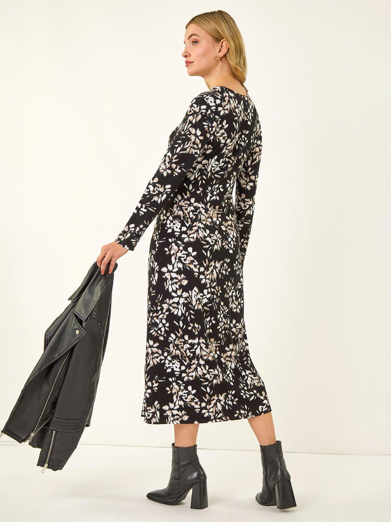 Image 3 of 4 of Roman Womens Floral Ring Buckle Stretch Midi Dress - Black