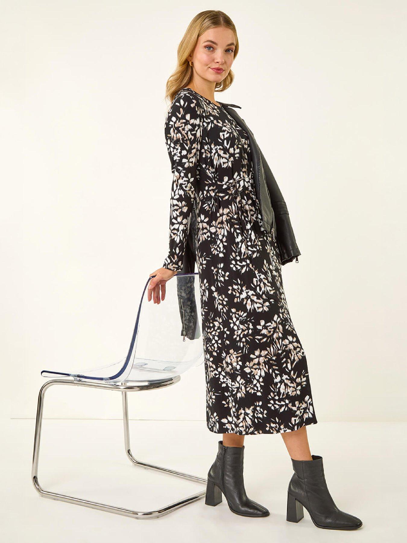Image 4 of 4 of Roman Womens Floral Ring Buckle Stretch Midi Dress - Black
