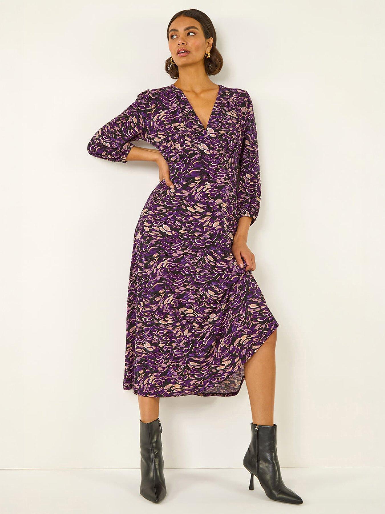 Image 1 of 4 of Roman Womens Abstract Print V-Neck 3/4 Sleeve Midi Dress - Purple