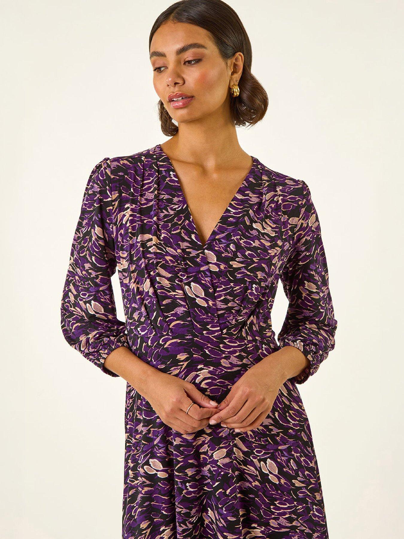 Image 2 of 4 of Roman Womens Abstract Print V-Neck 3/4 Sleeve Midi Dress - Purple