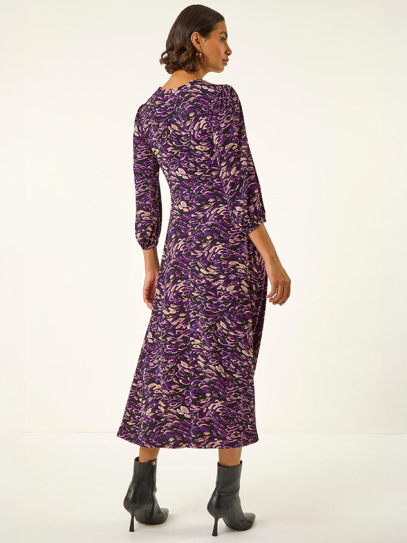 Image 3 of 4 of Roman Womens Abstract Print V-Neck 3/4 Sleeve Midi Dress - Purple
