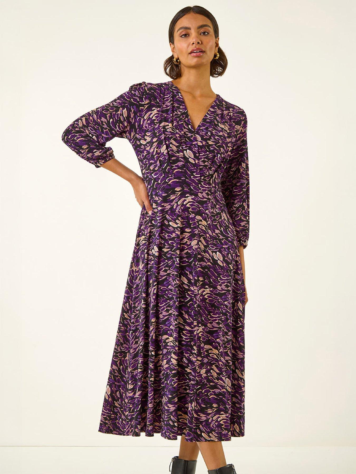 Image 4 of 4 of Roman Womens Abstract Print V-Neck 3/4 Sleeve Midi Dress - Purple
