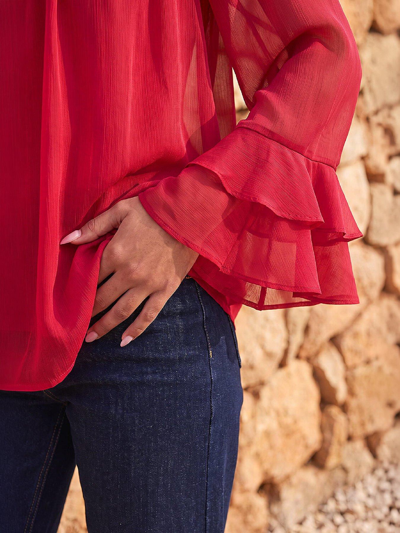 Image 2 of 4 of Roman Womens Textured Gathered Flared Sleeve Blouse - Pink