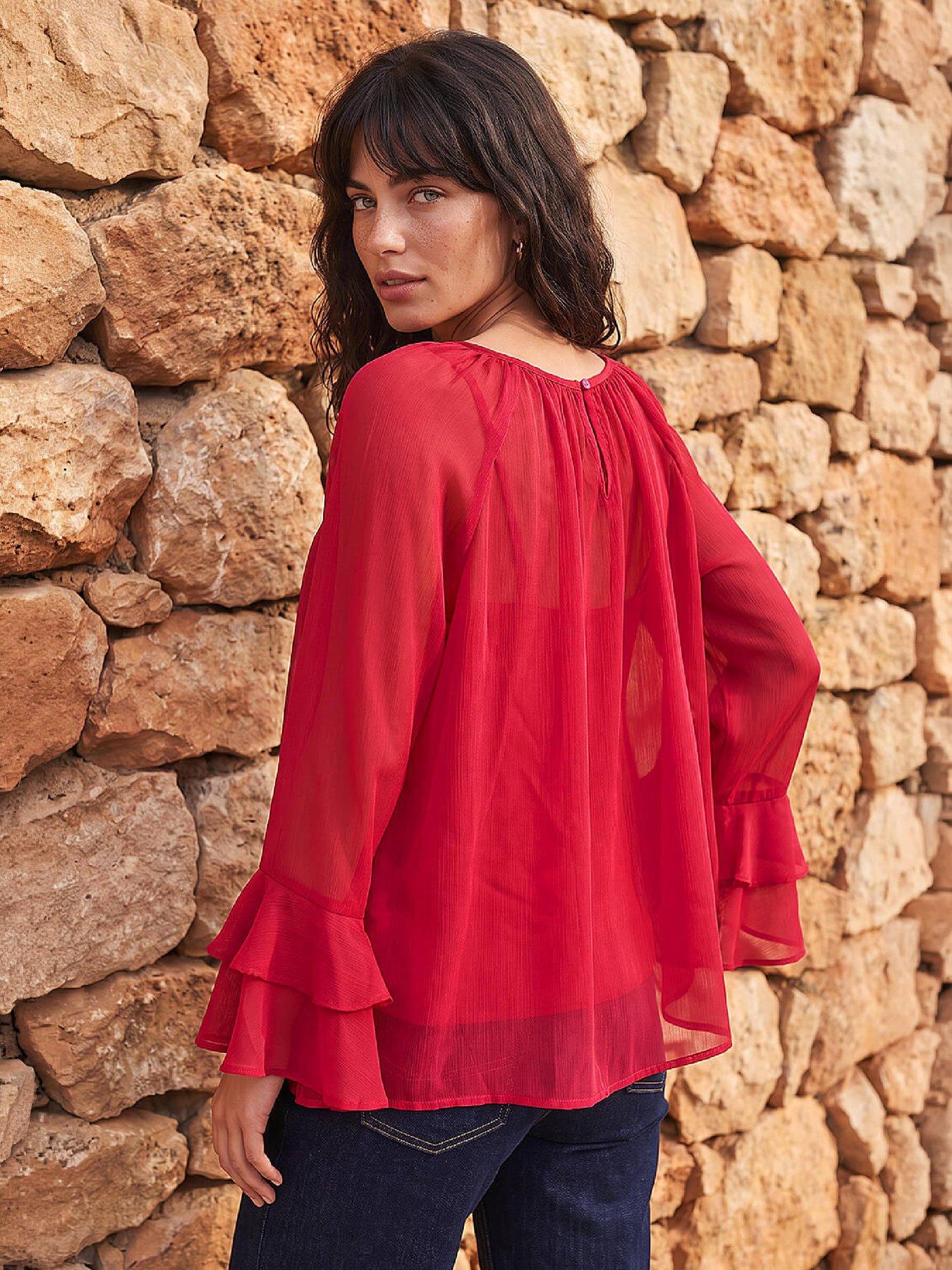 Image 3 of 4 of Roman Womens Textured Gathered Flared Sleeve Blouse - Pink