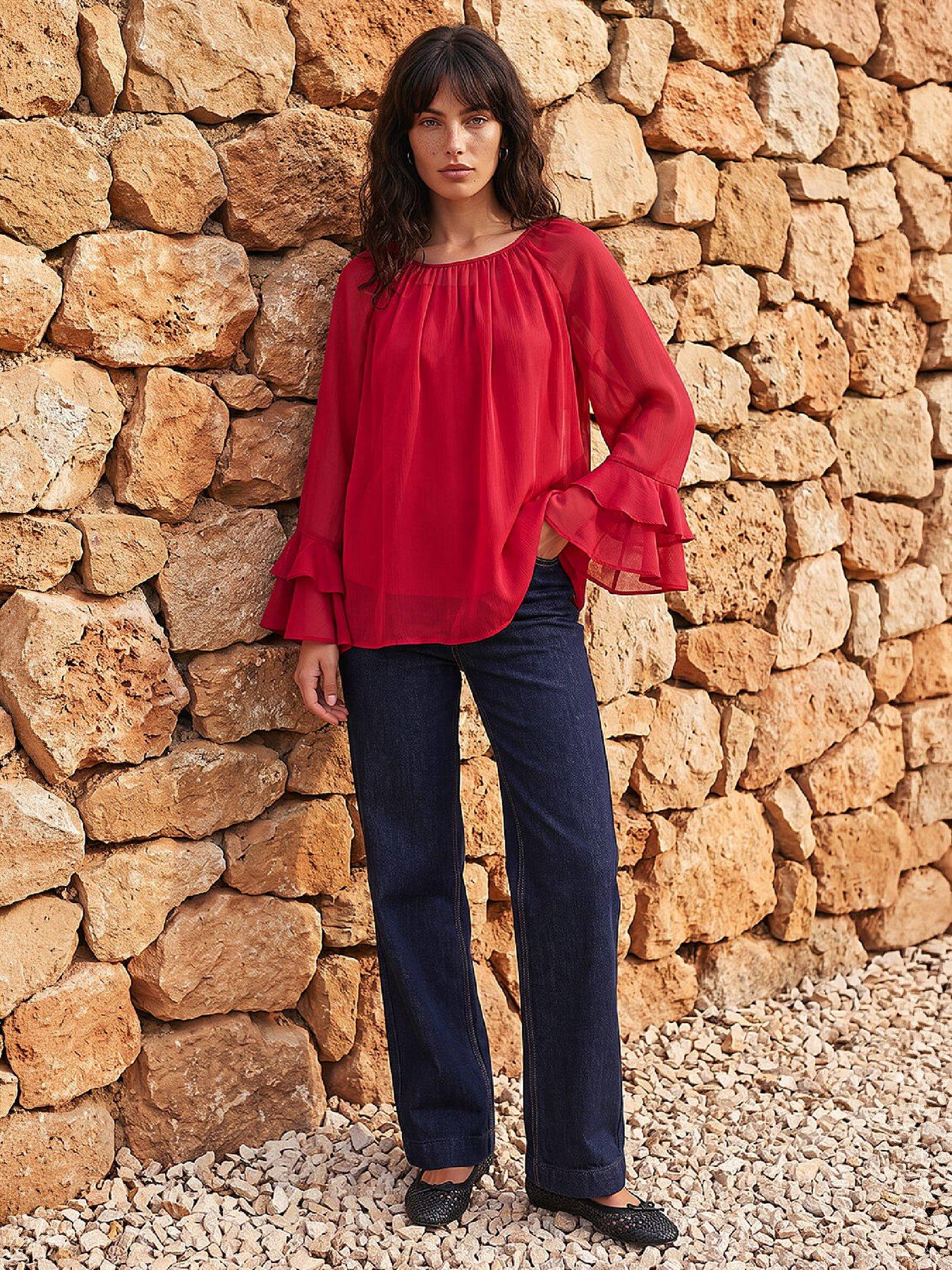 Image 4 of 4 of Roman Womens Textured Gathered Flared Sleeve Blouse - Pink