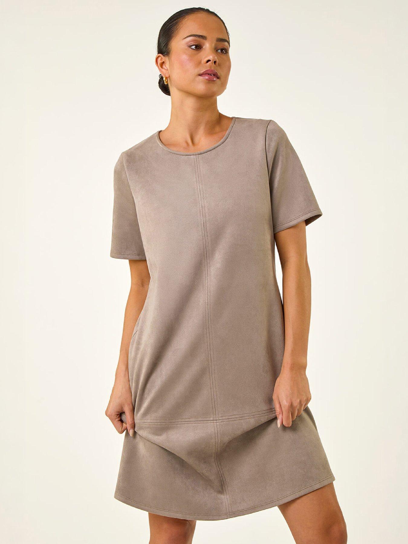 Image 2 of 4 of Roman Womens Petite Stretch Faux Suede Shift Dress - Taupe