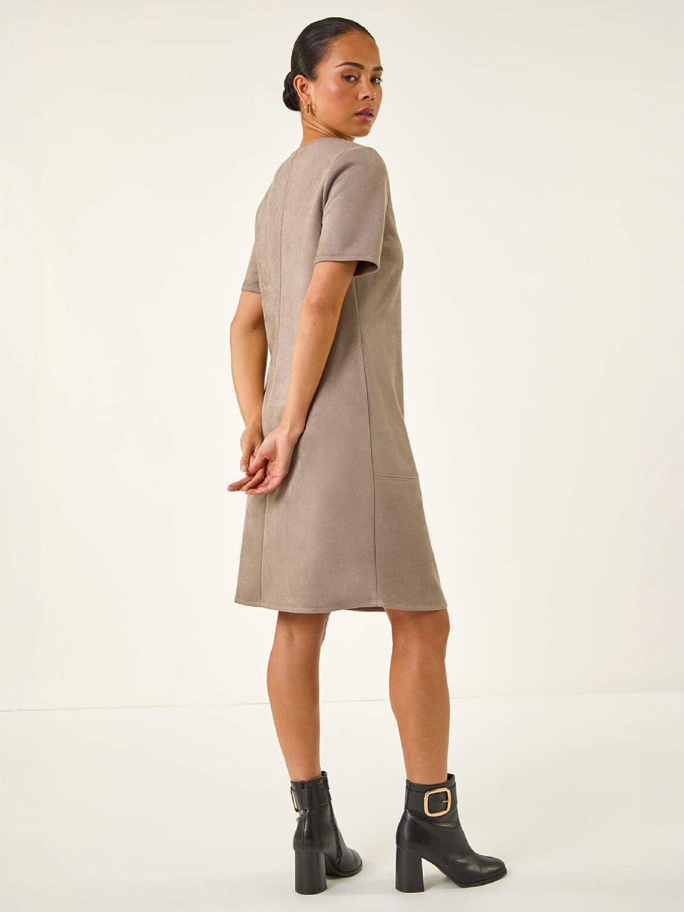 Image 3 of 4 of Roman Womens Petite Stretch Faux Suede Shift Dress - Taupe