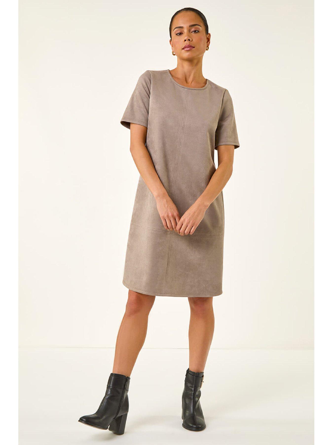 Image 4 of 4 of Roman Womens Petite Stretch Faux Suede Shift Dress - Taupe