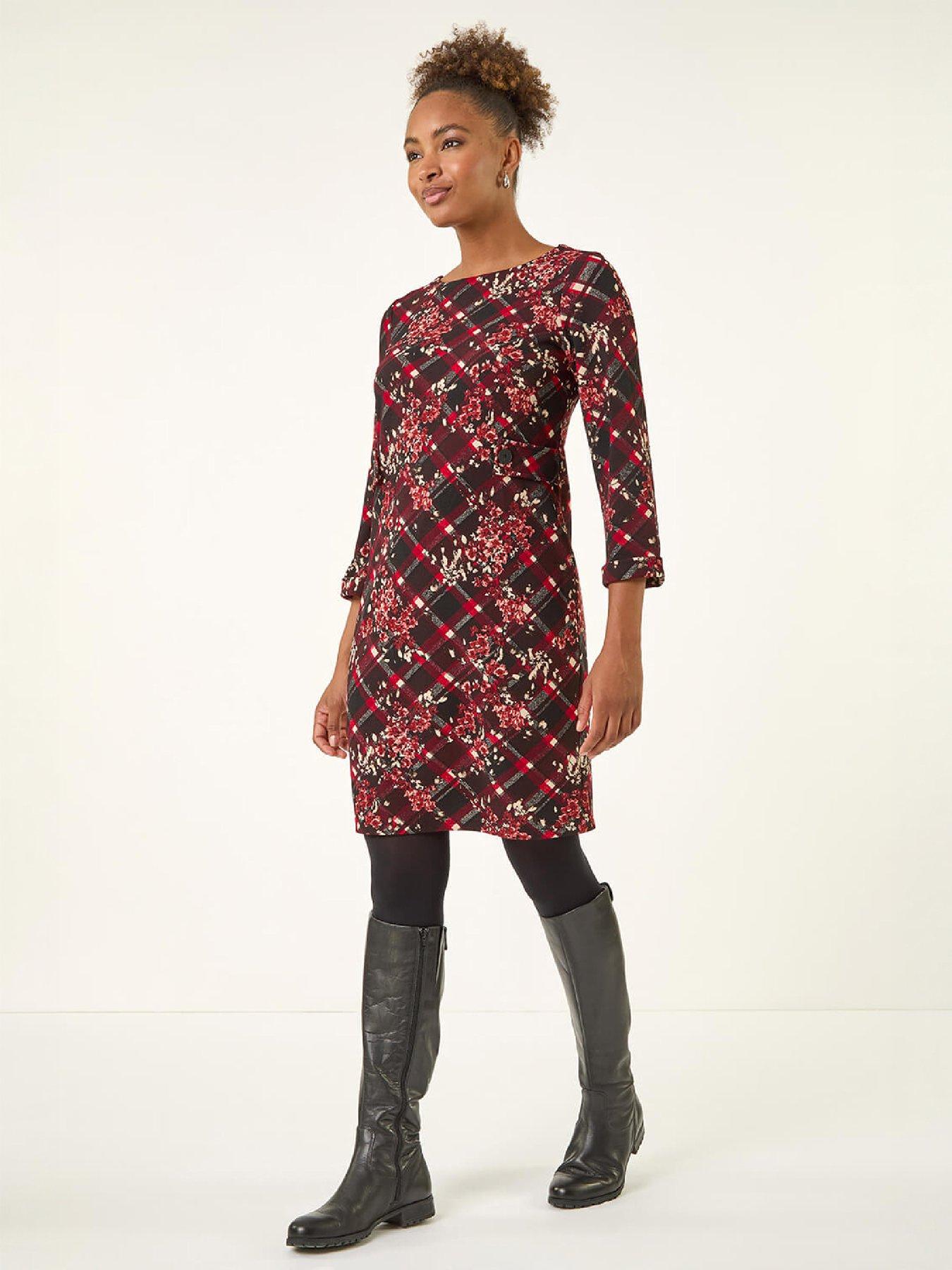 Image 1 of 4 of Roman Roman Womens Floral Plaid Panel Shift Dress - Red