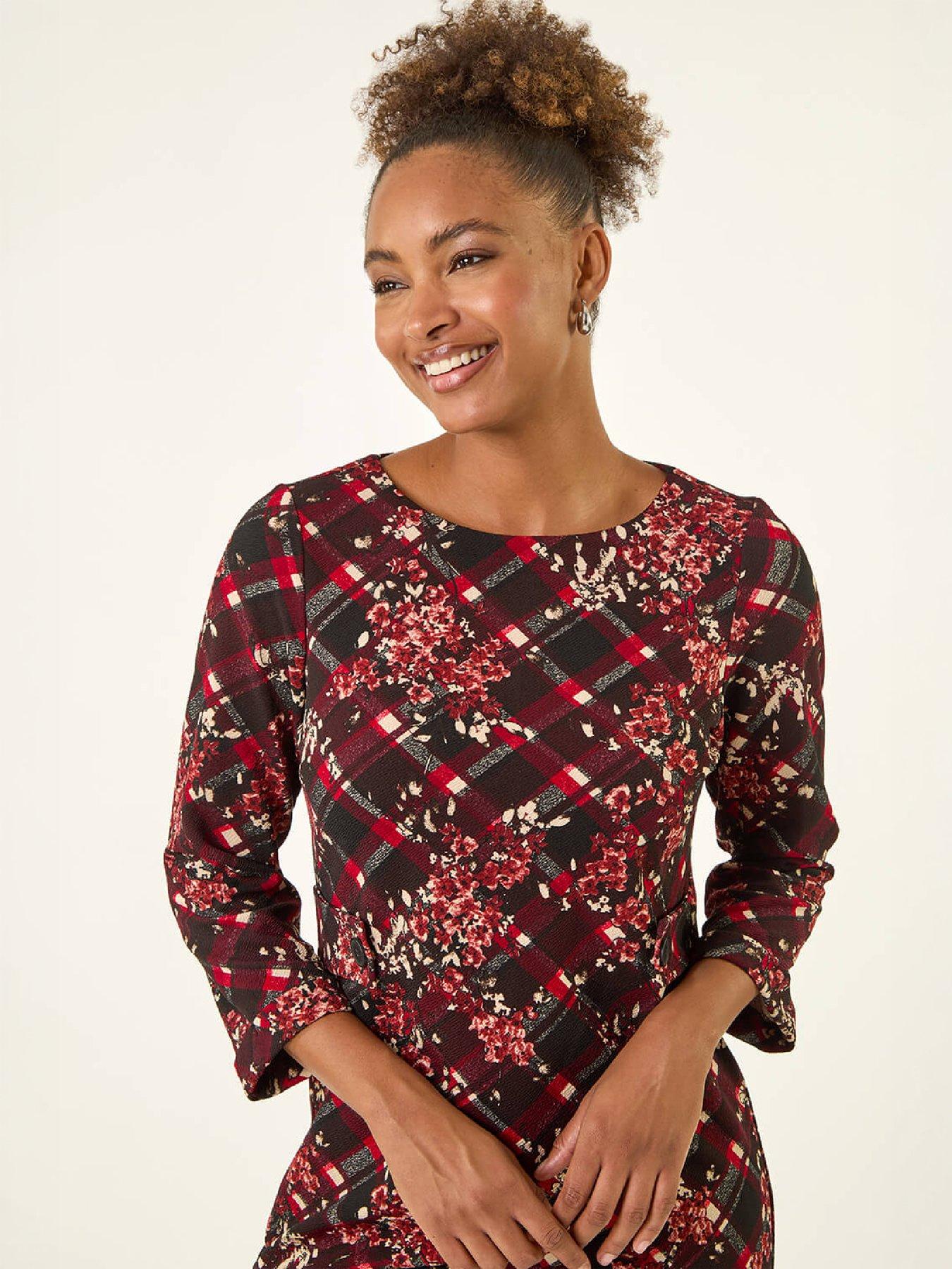 Image 2 of 4 of Roman Roman Womens Floral Plaid Panel Shift Dress - Red