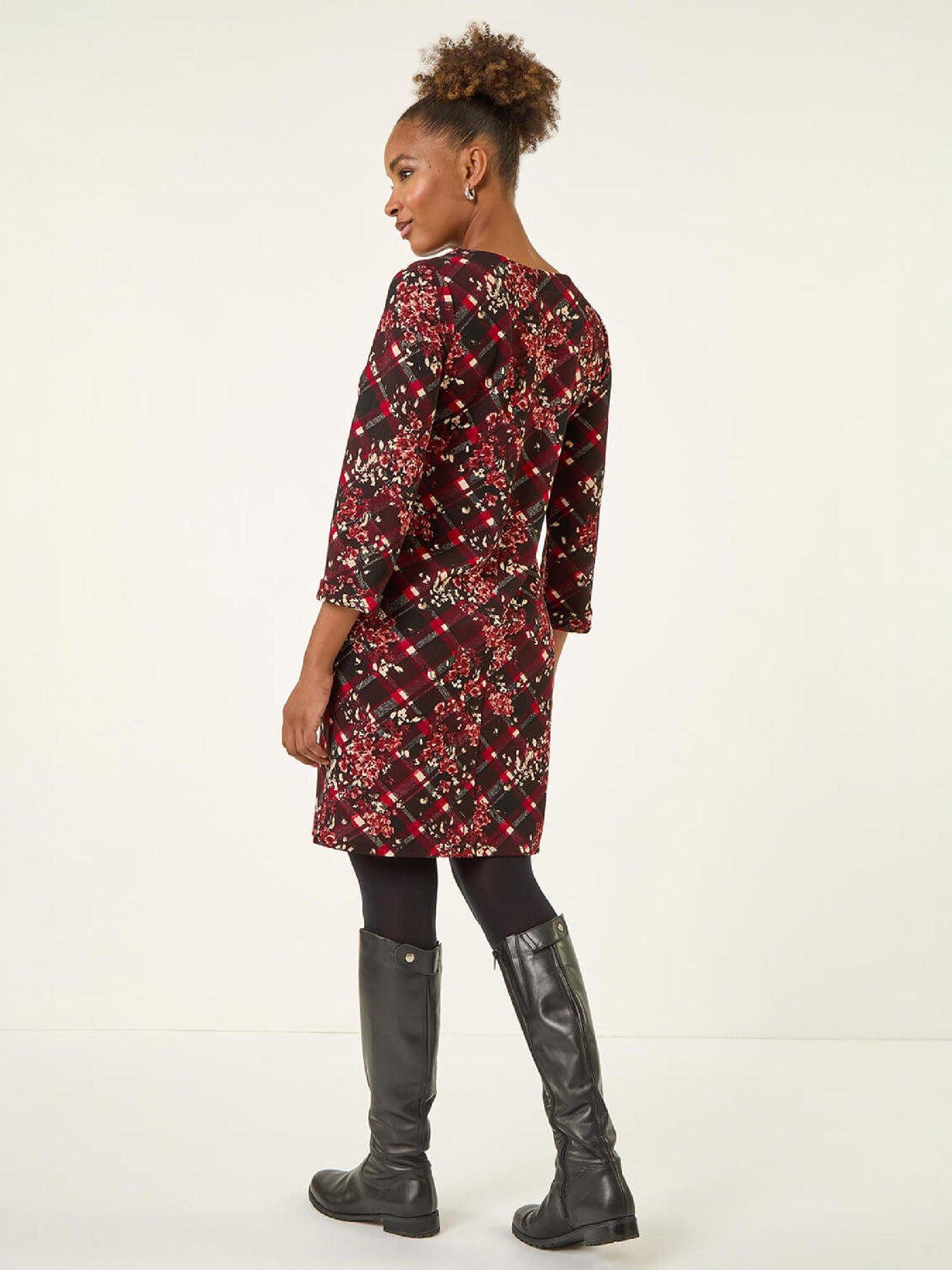 Image 3 of 4 of Roman Roman Womens Floral Plaid Panel Shift Dress - Red