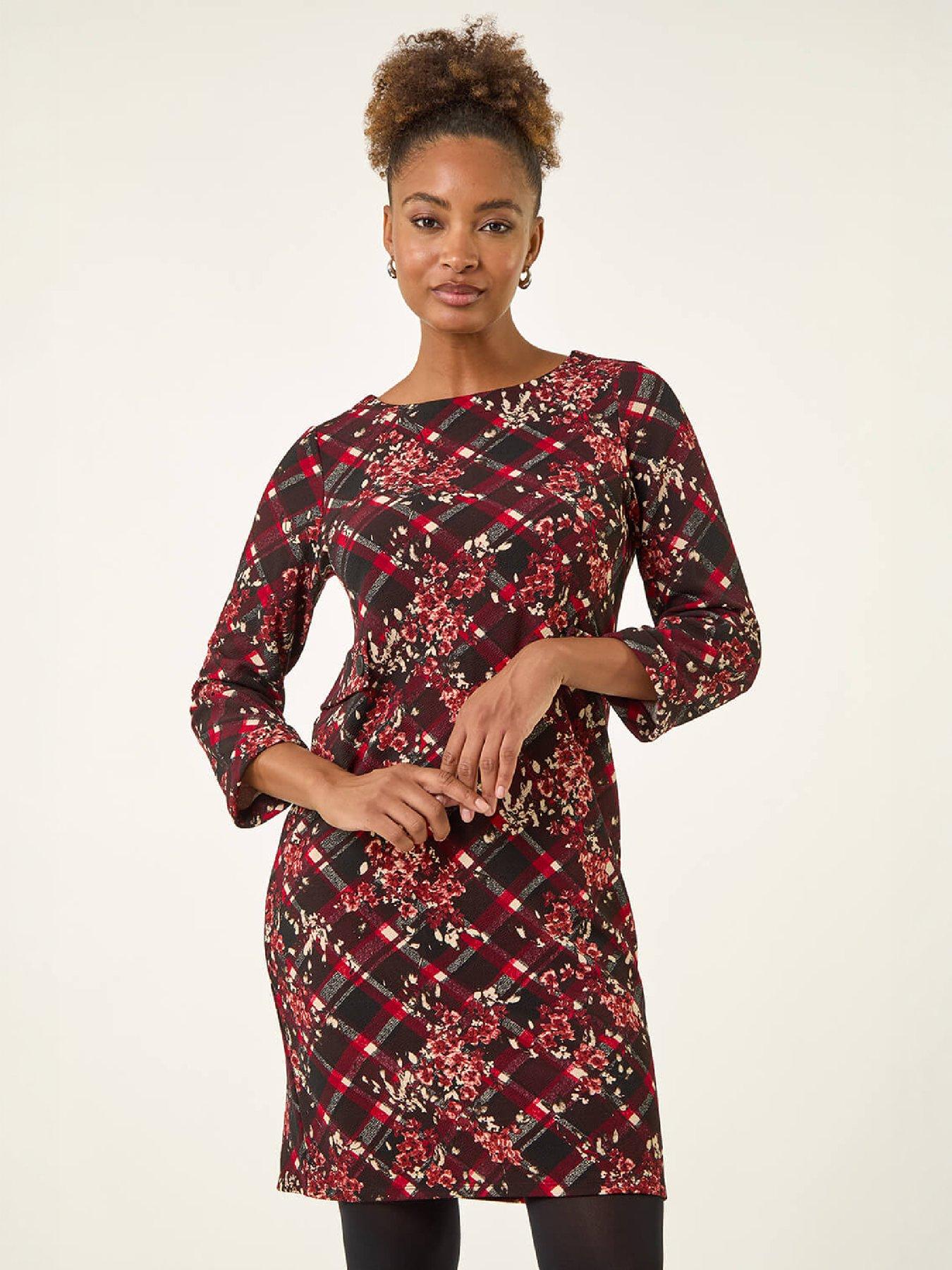 Image 4 of 4 of Roman Roman Womens Floral Plaid Panel Shift Dress - Red
