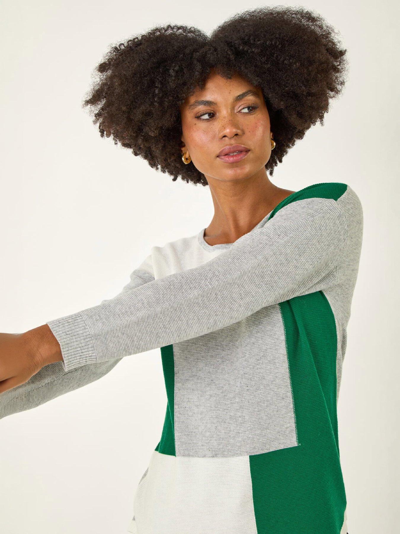 Image 1 of 4 of Roman Womens Ribbed Colour Block Curved Hem Jumper - Grey/Green
