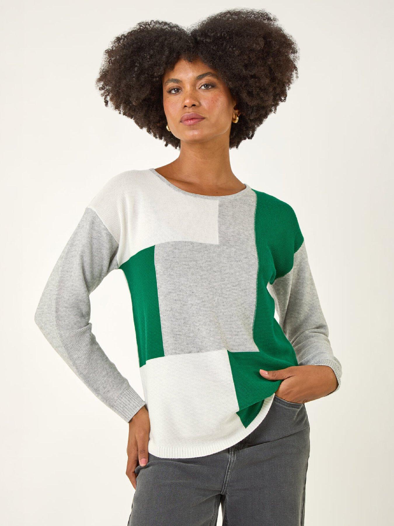 Image 2 of 4 of Roman Womens Ribbed Colour Block Curved Hem Jumper - Grey/Green