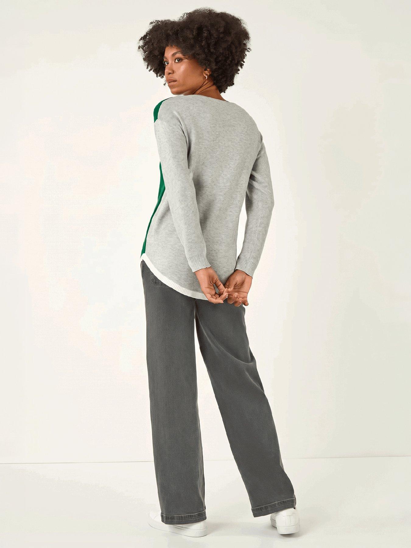 Image 3 of 4 of Roman Womens Ribbed Colour Block Curved Hem Jumper - Grey/Green