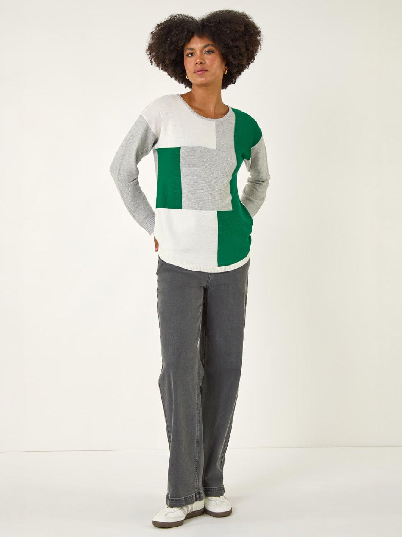 Image 4 of 4 of Roman Womens Ribbed Colour Block Curved Hem Jumper - Grey/Green