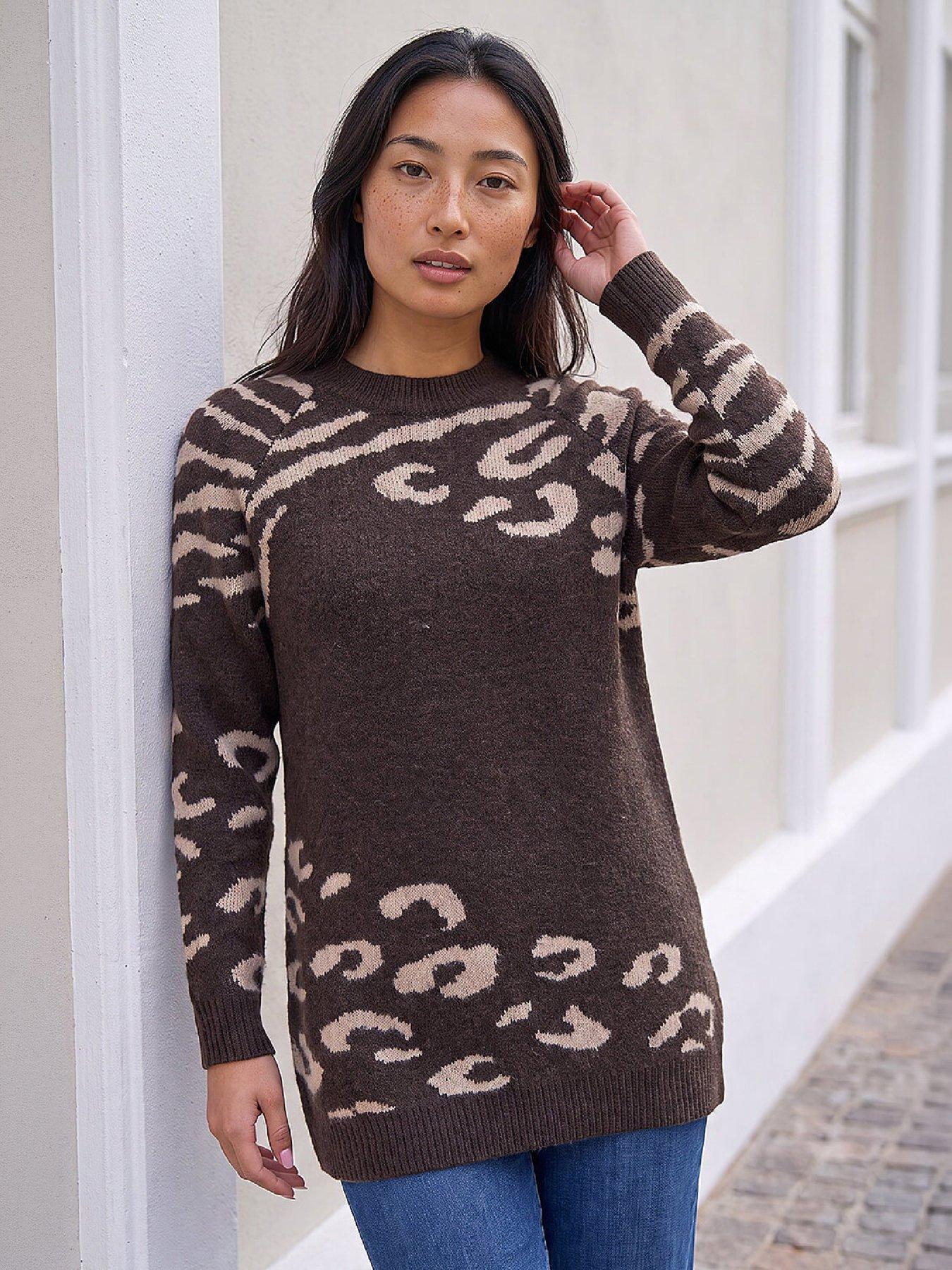 Image 1 of 4 of Roman Womens Petite Longline Animal Print High Neck Jumper - Brown