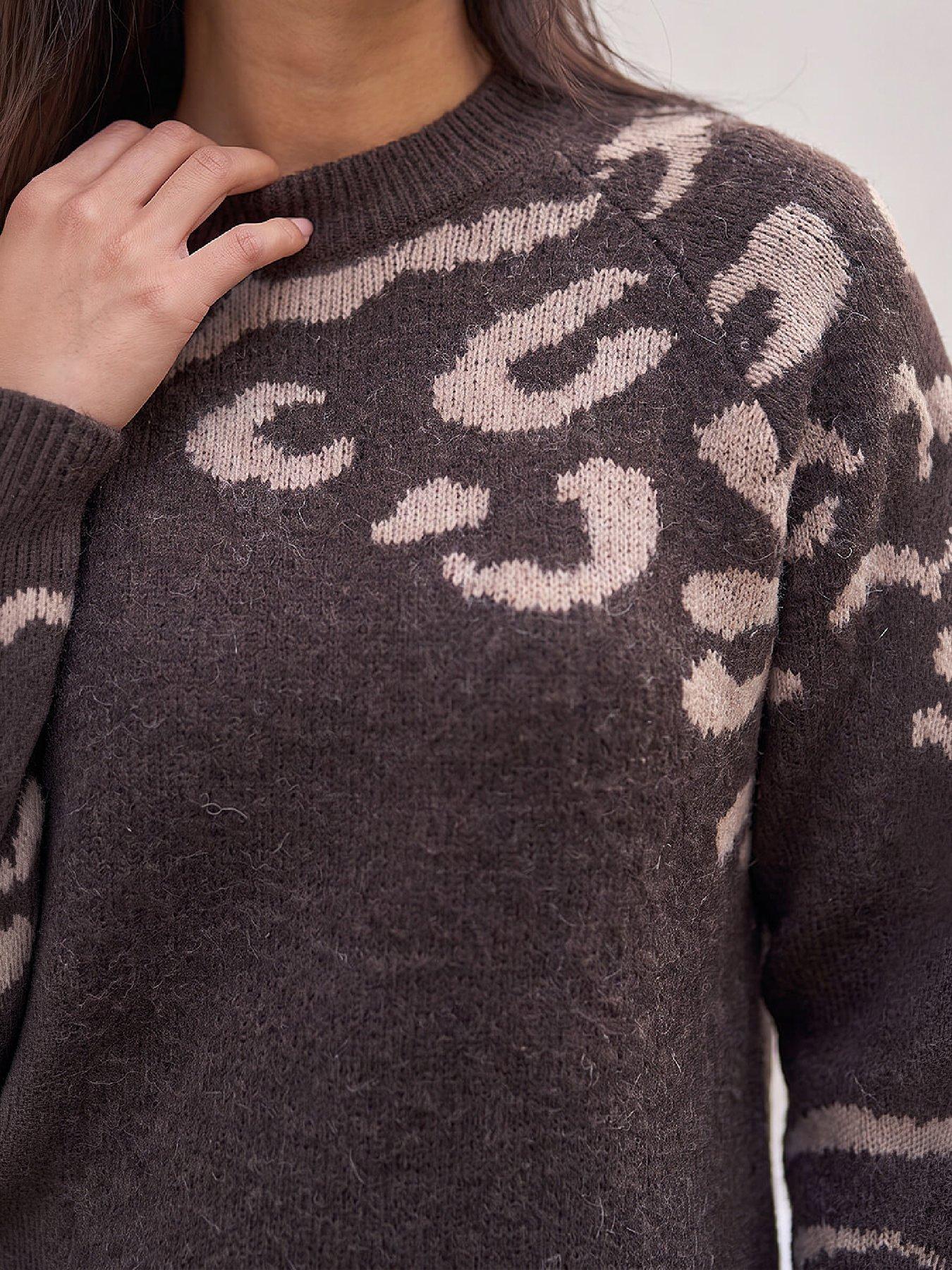 Image 2 of 4 of Roman Womens Petite Longline Animal Print High Neck Jumper - Brown