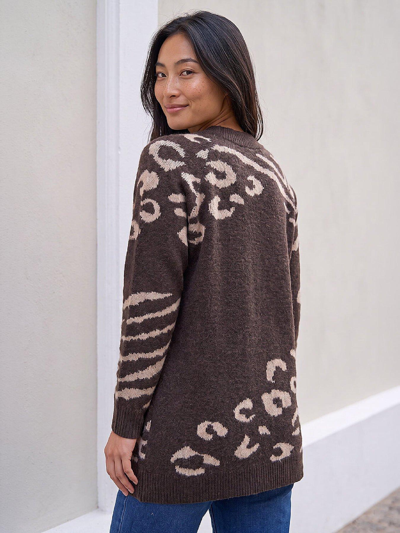 Image 3 of 4 of Roman Womens Petite Longline Animal Print High Neck Jumper - Brown