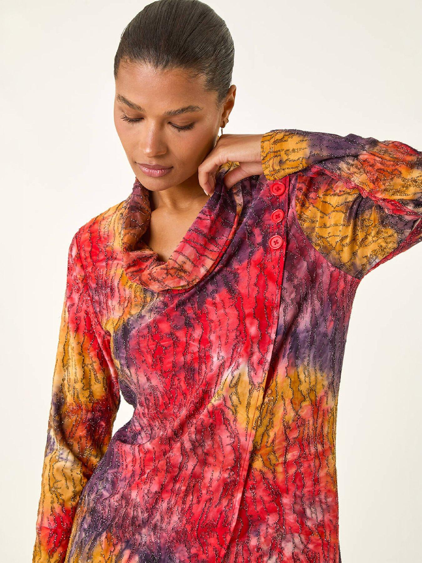 Image 1 of 4 of Roman Womens Textured Burnout Cowl Neck Long Sleeve Top - Red