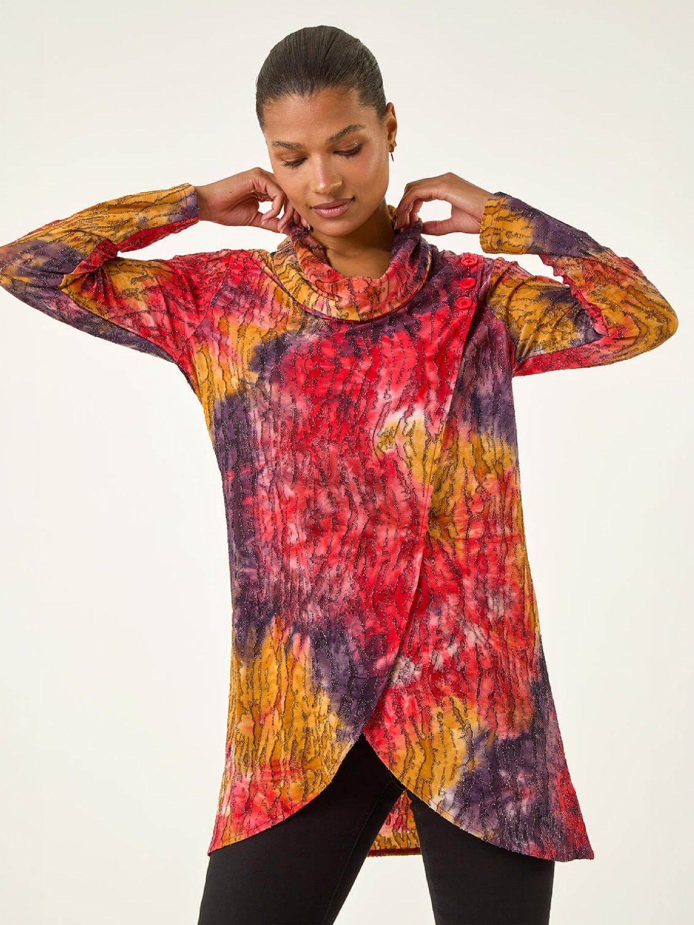Image 2 of 4 of Roman Womens Textured Burnout Cowl Neck Long Sleeve Top - Red