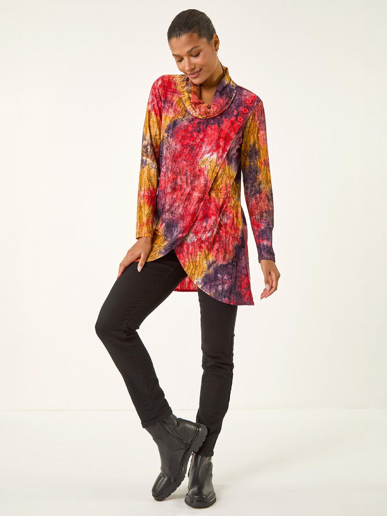 Image 4 of 4 of Roman Womens Textured Burnout Cowl Neck Long Sleeve Top - Red