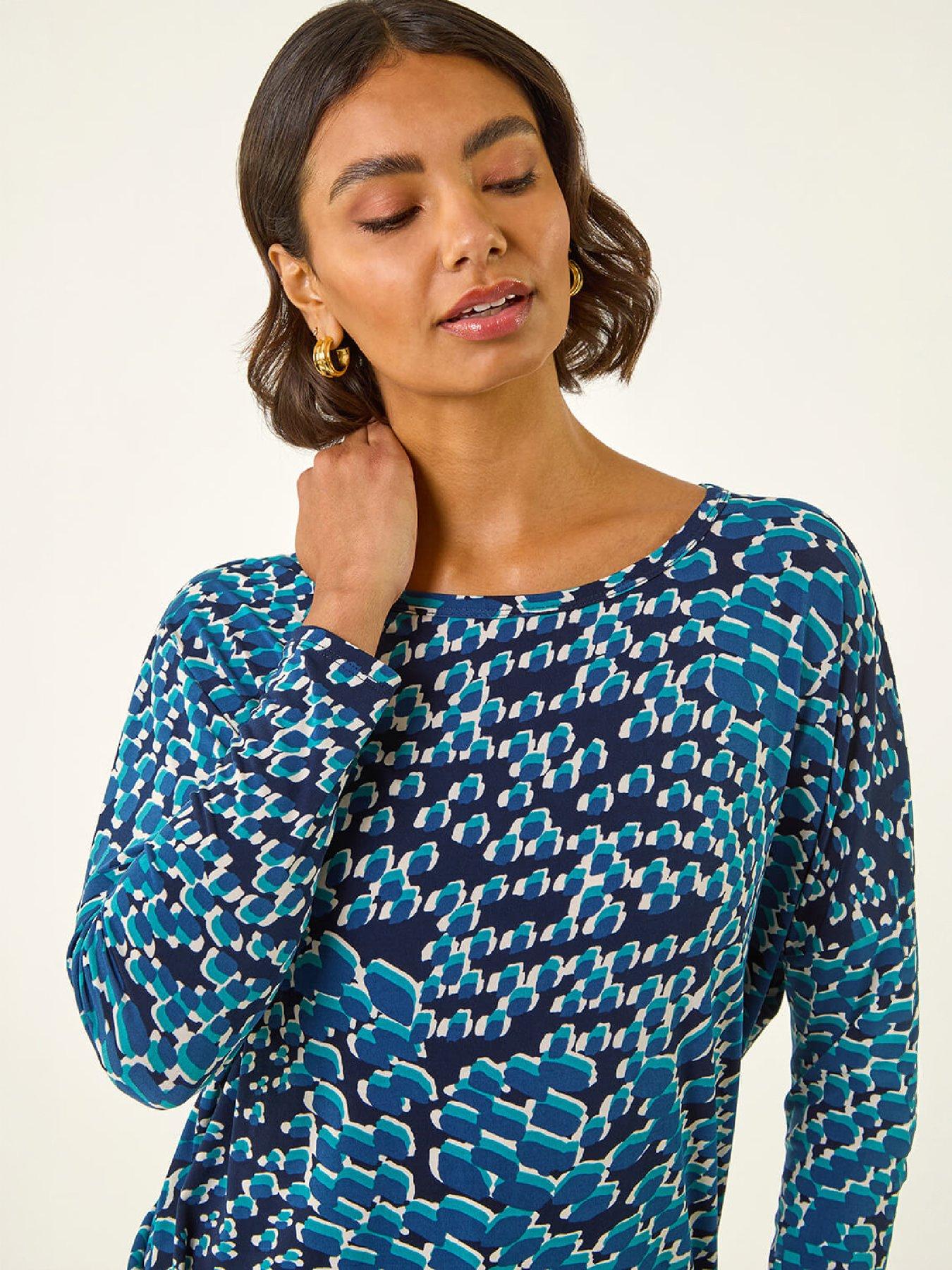 Image 1 of 4 of Roman Roman Womens Bubble Hem Printed Long Sleeve Blouse - Blue