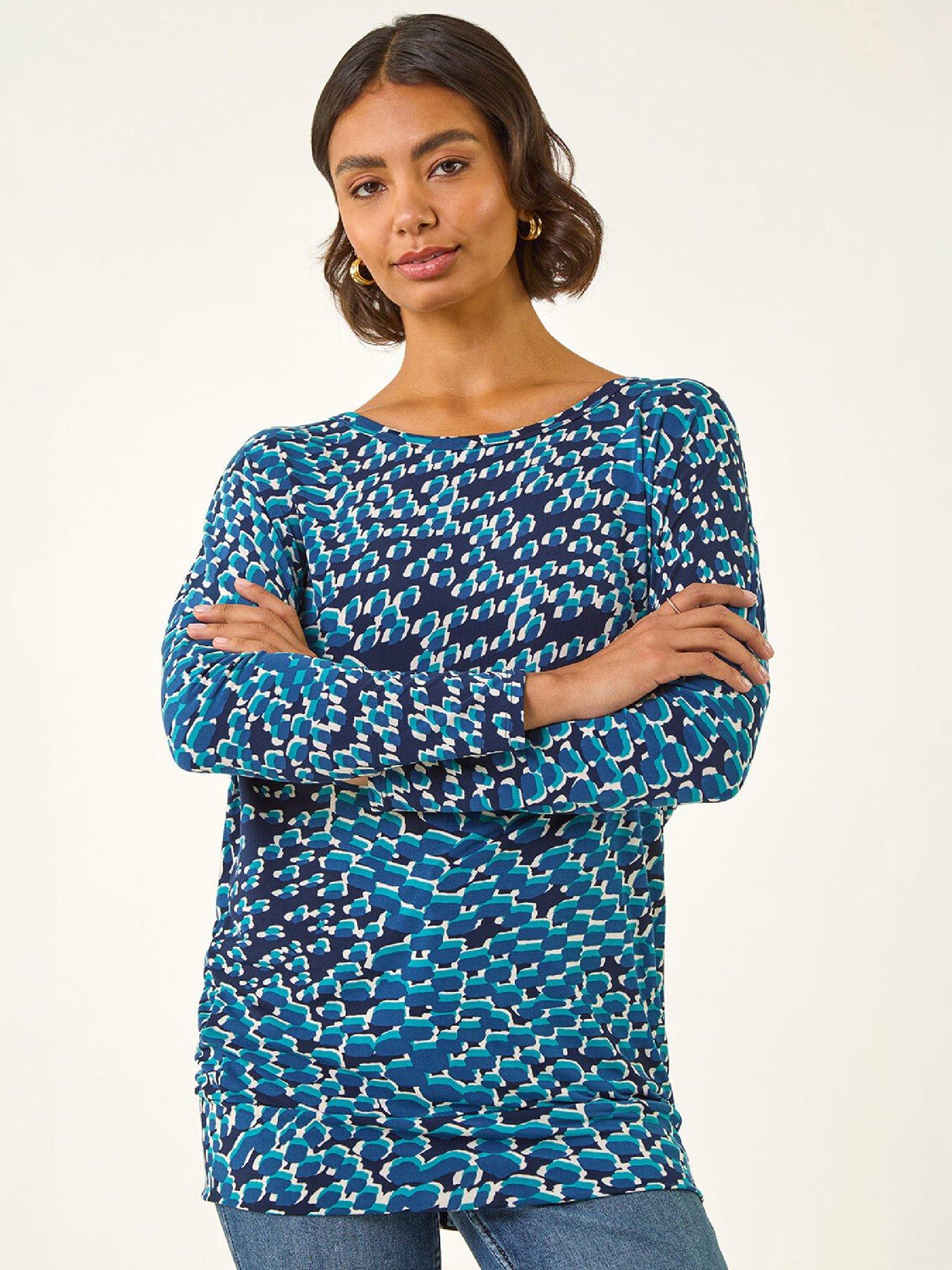 Image 2 of 4 of Roman Roman Womens Bubble Hem Printed Long Sleeve Blouse - Blue
