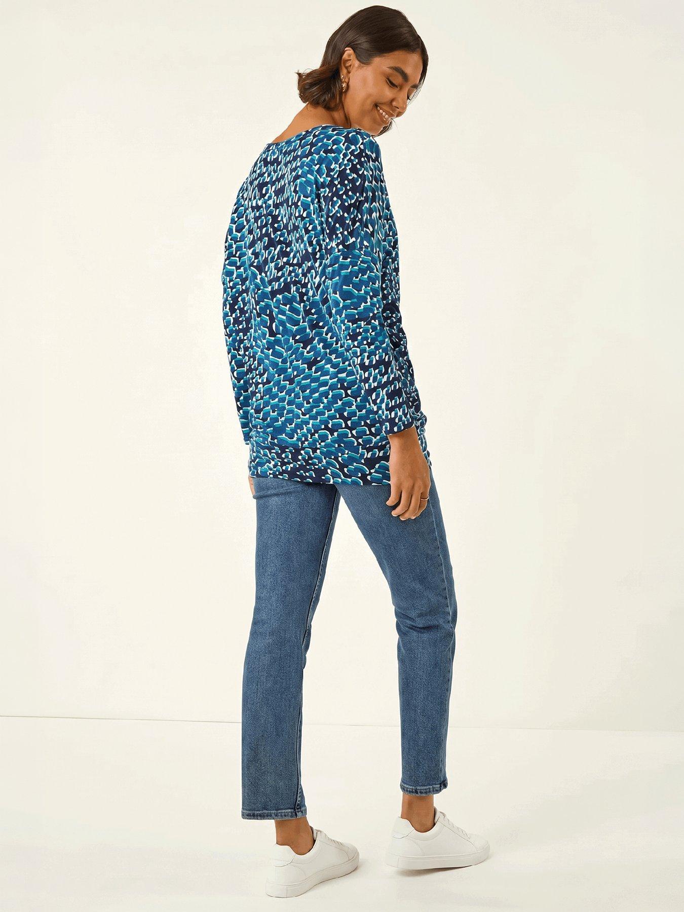 Image 3 of 4 of Roman Roman Womens Bubble Hem Printed Long Sleeve Blouse - Blue