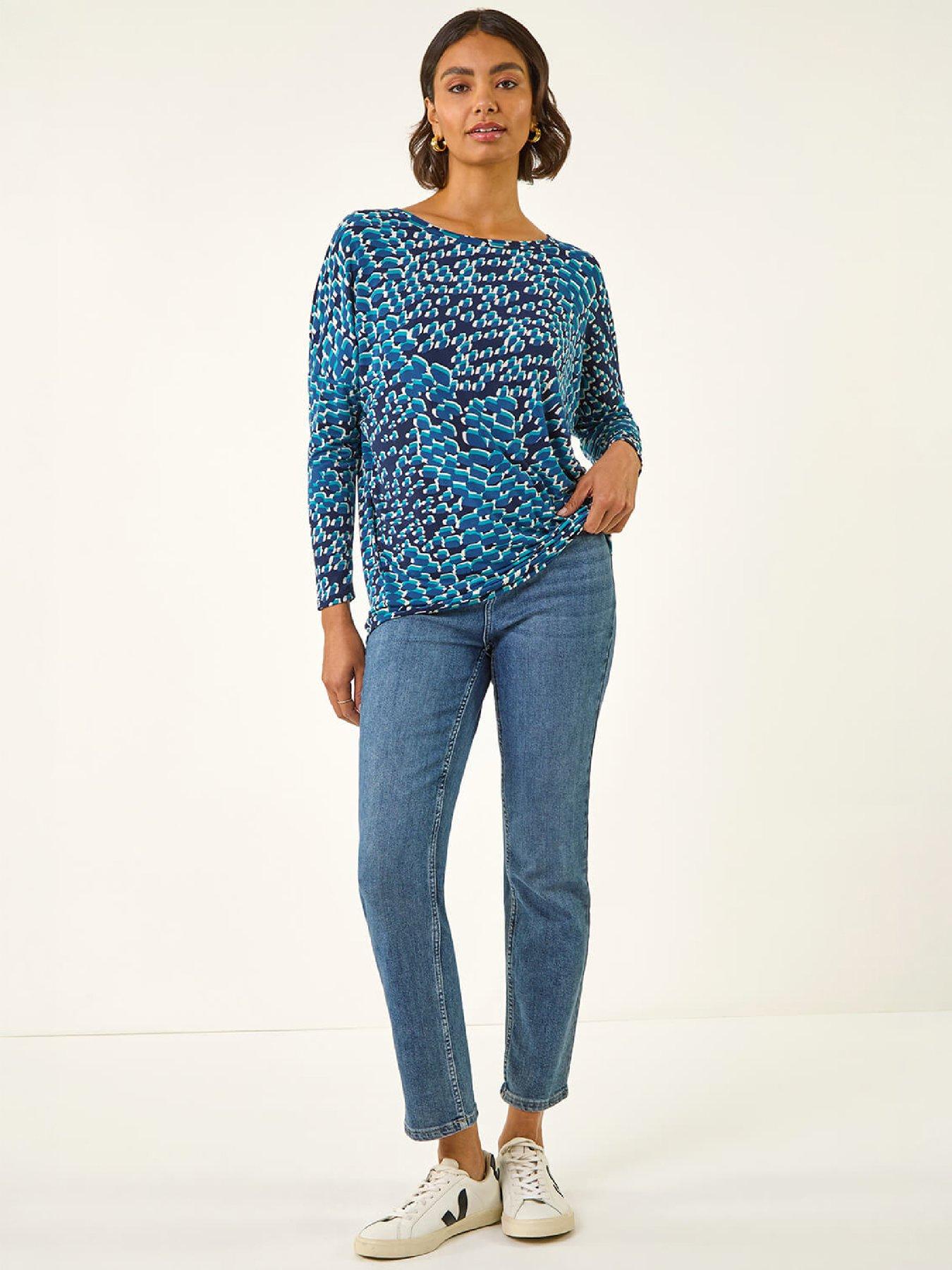Image 4 of 4 of Roman Roman Womens Bubble Hem Printed Long Sleeve Blouse - Blue