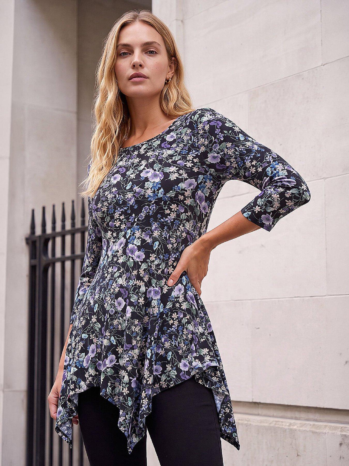 Image 1 of 4 of Roman Roman Womens Floral Print Asymmetric Stretch Blouse - Multi
