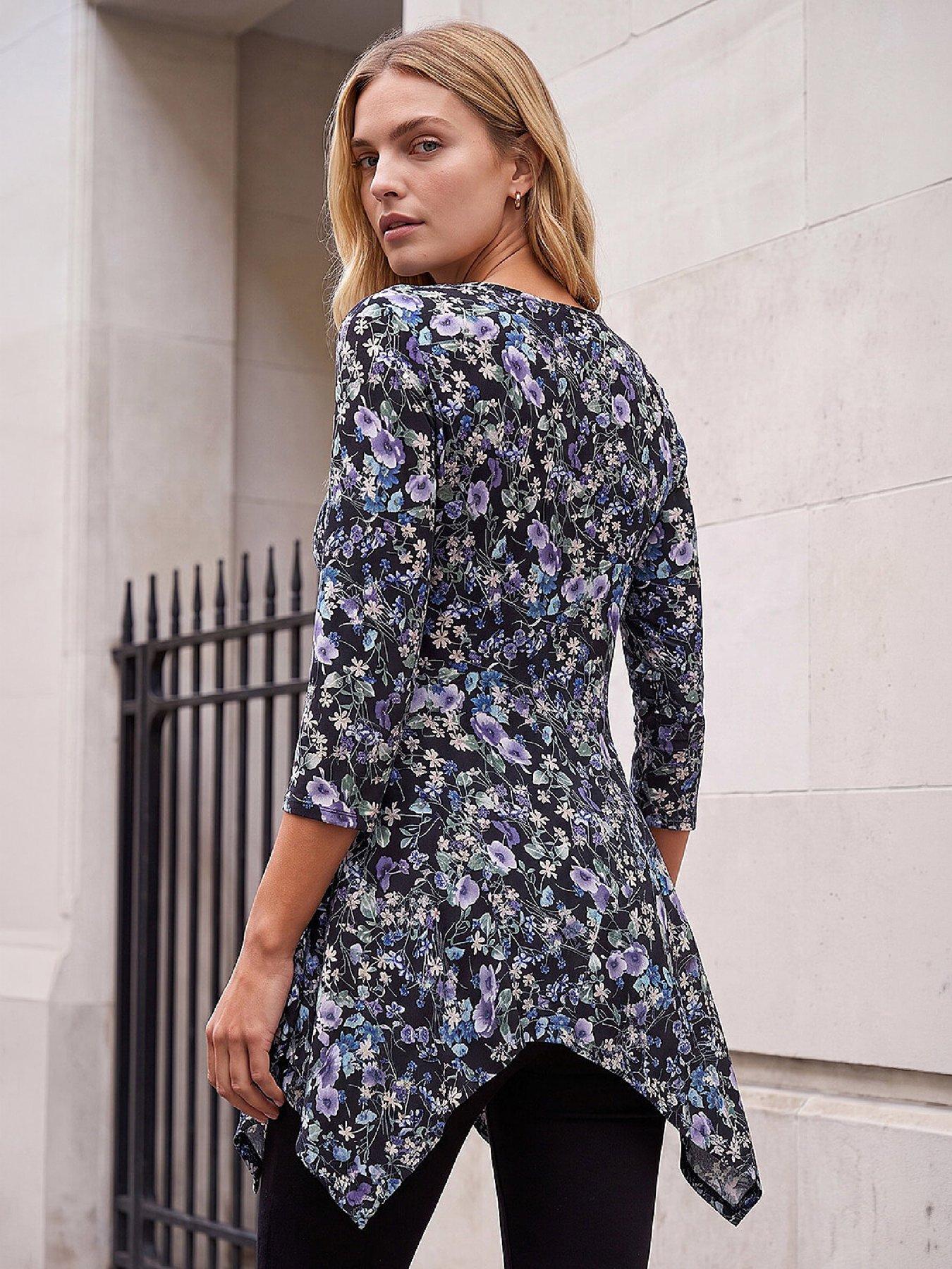 Image 3 of 4 of Roman Roman Womens Floral Print Asymmetric Stretch Blouse - Multi