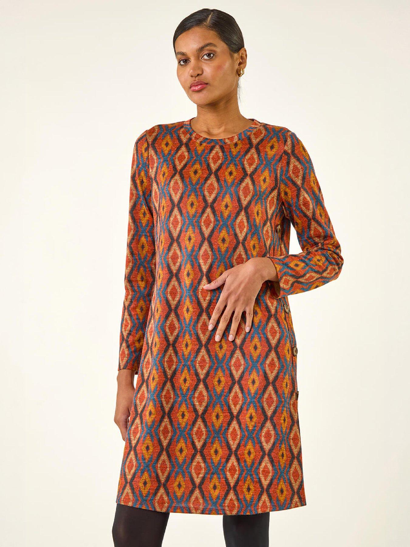 Image 1 of 4 of Roman Womens Geo Print Stretch Swing Dress - Orange