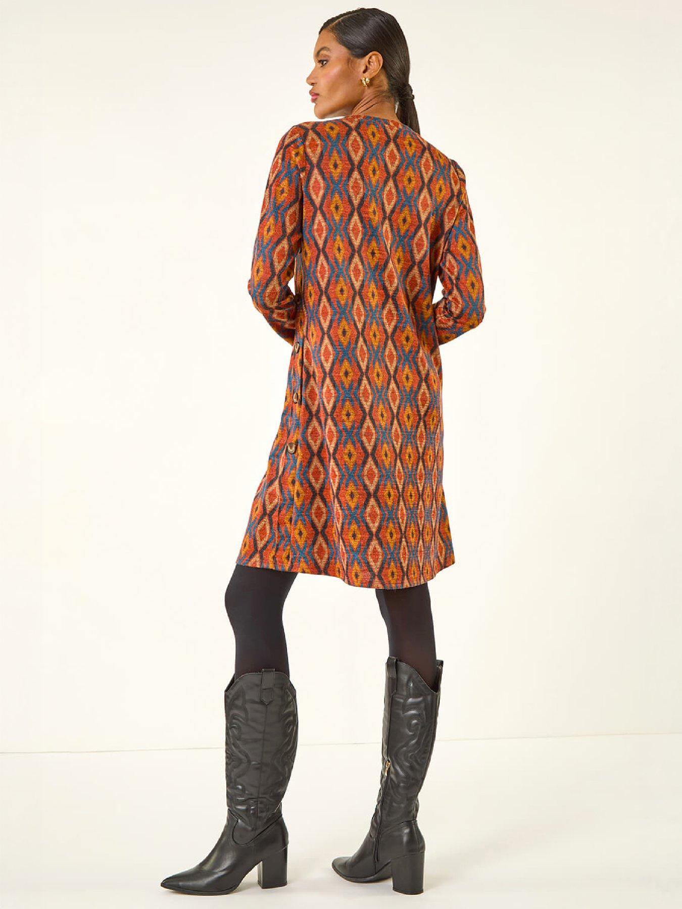 Image 2 of 4 of Roman Womens Geo Print Stretch Swing Dress - Orange