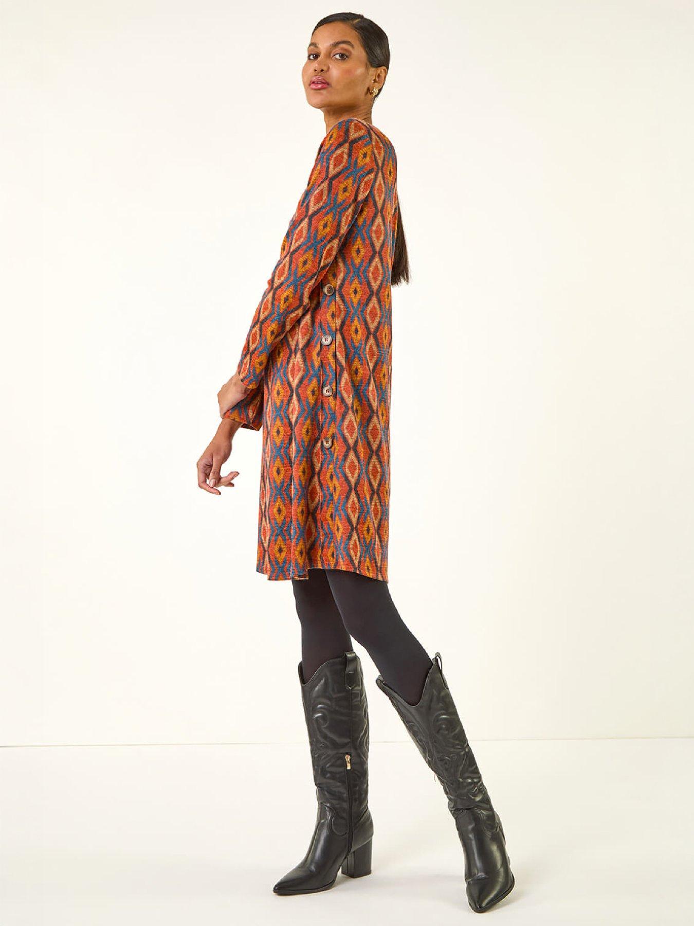 Image 3 of 4 of Roman Womens Geo Print Stretch Swing Dress - Orange