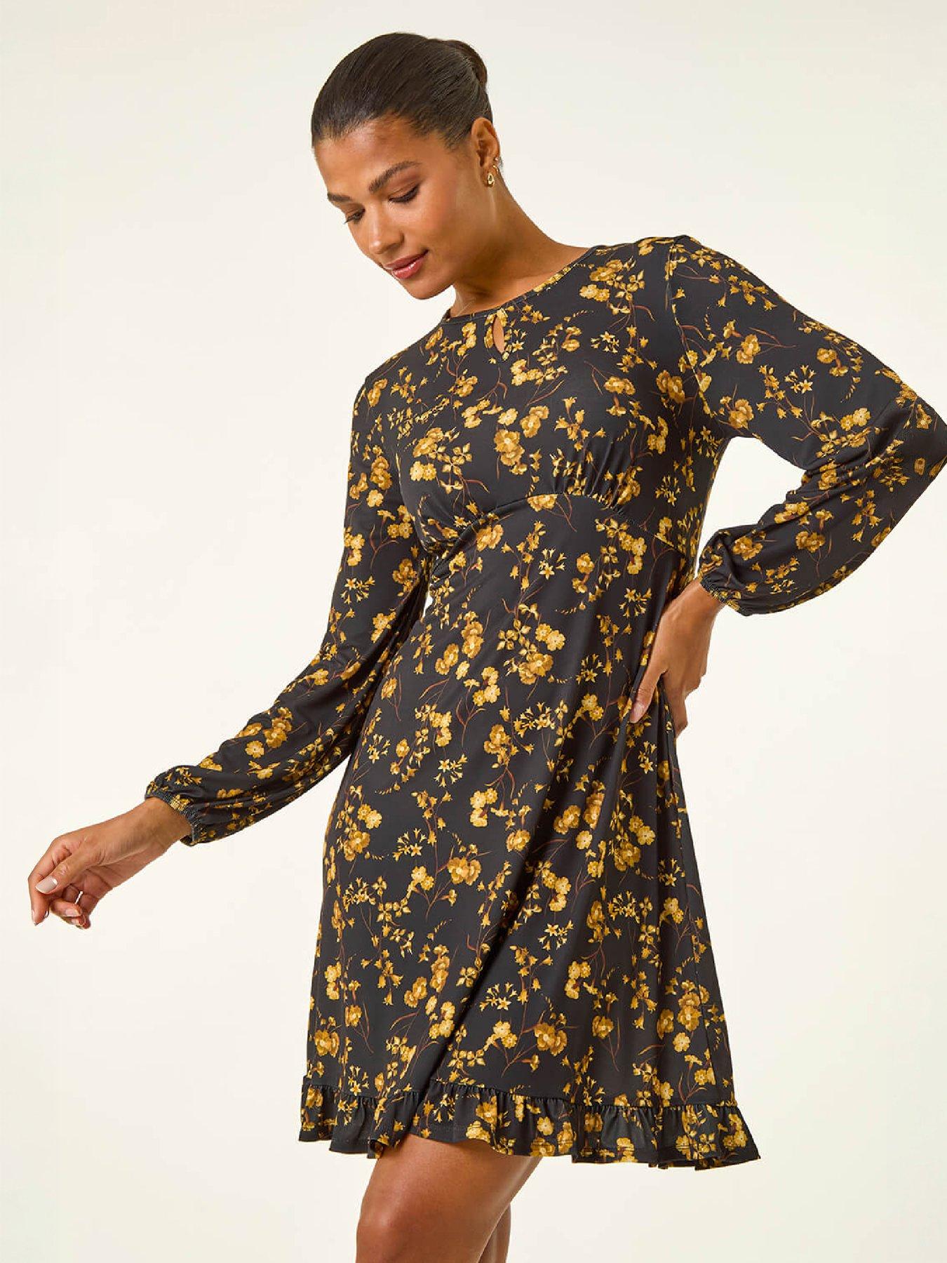 Image 1 of 4 of Roman Womens Stretch Keyhole Frill Hem Dress - Gold