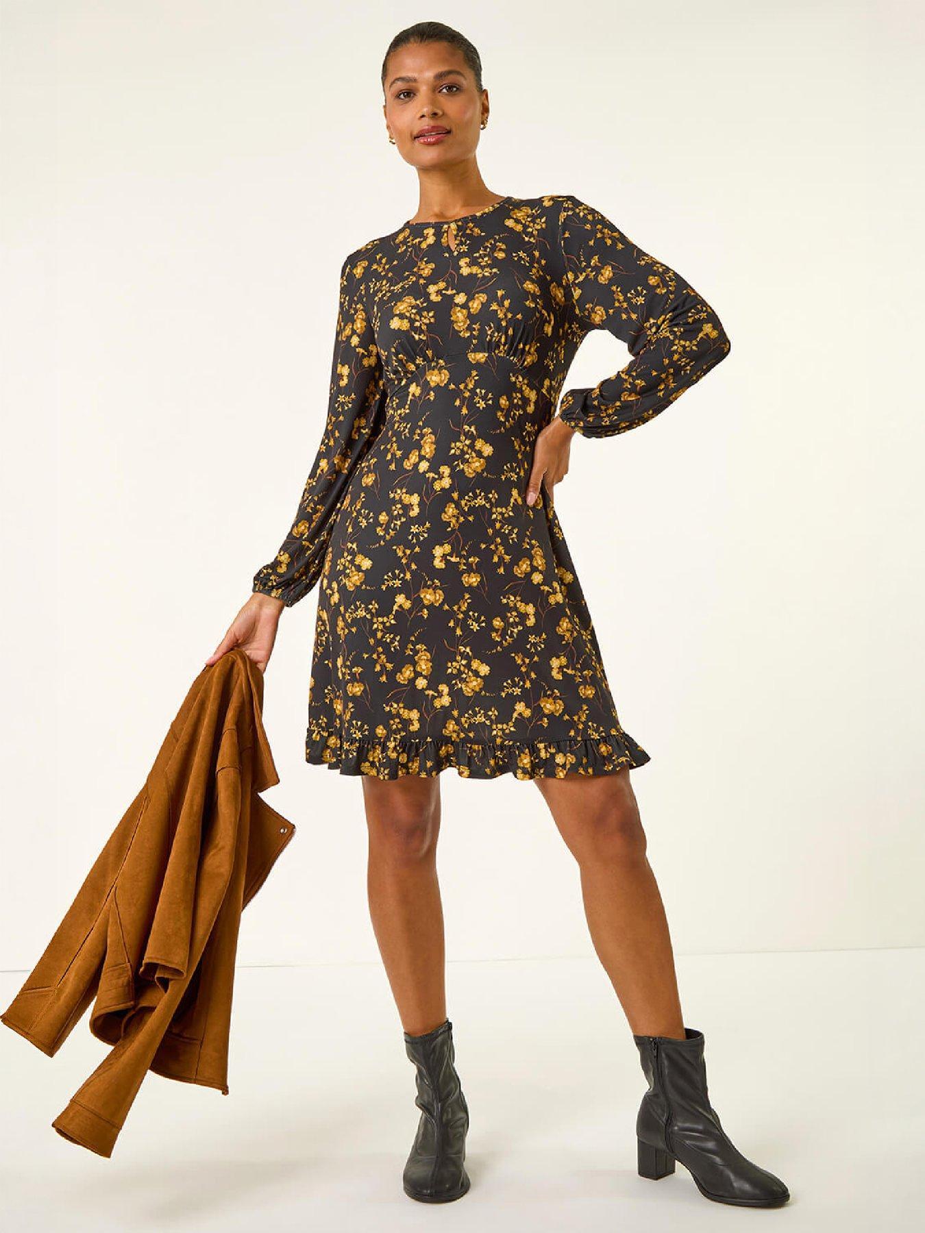 Image 3 of 4 of Roman Womens Stretch Keyhole Frill Hem Dress - Gold
