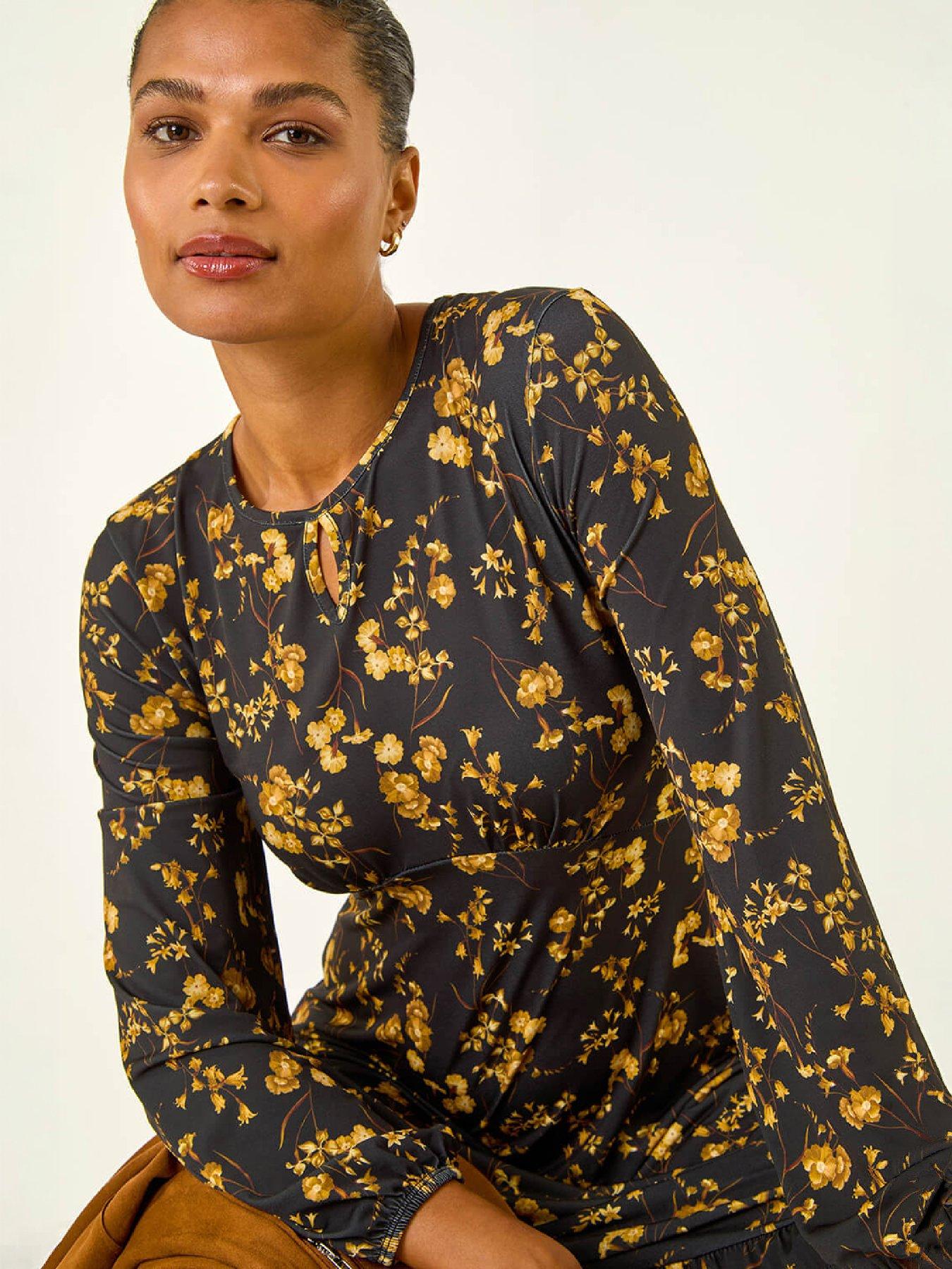 Image 4 of 4 of Roman Womens Stretch Keyhole Frill Hem Dress - Gold